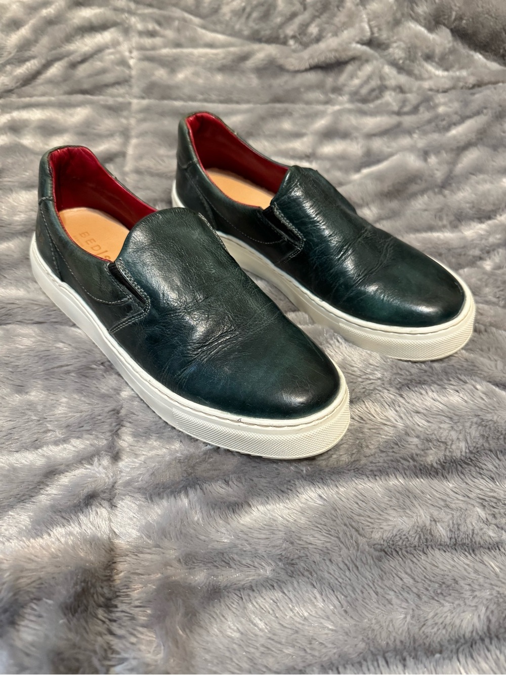 Bedstu Hermione Women’s Slip-On Leather Sneakers in Dark Green with Red Lining